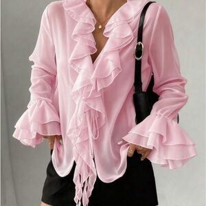 SHEIN Pink Ruffle Tie-Front Blouse